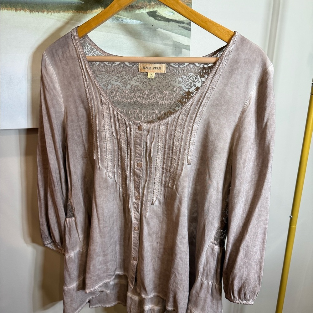 Black Swan Taupe Lace Accent Blouse